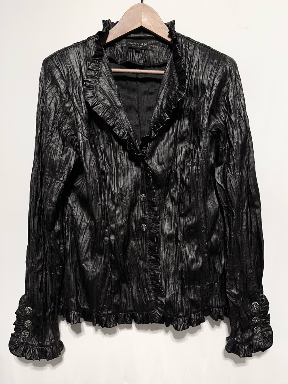 Vintage Designs by S.A.D. Black Faux Leather Look Ruffle Party Blouse 14